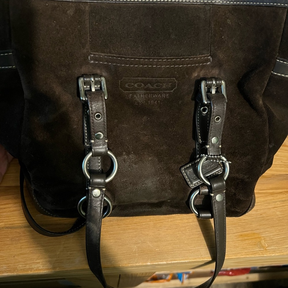 Coach Dark Brown Suede Shoulder Bag and Matching Wallet